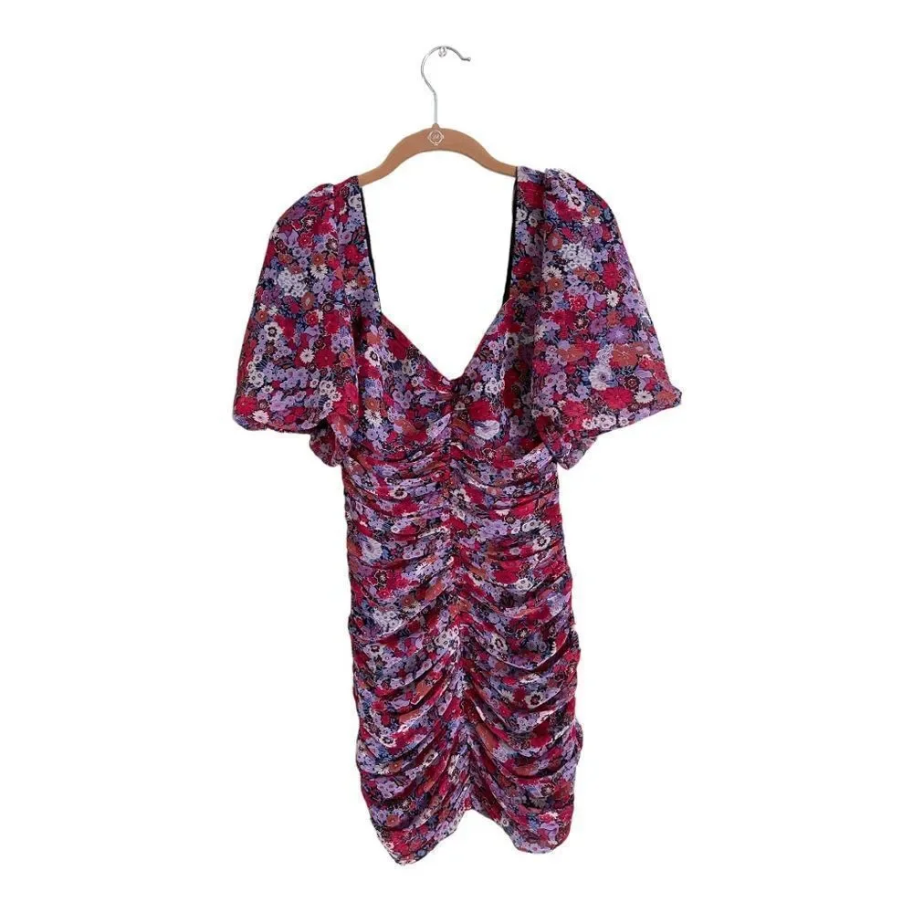 🆕 Zara Puff Sleeve Floral Ruched Mini Dress | XS - Picture 4 of 8